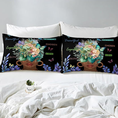 Girl African Duvet Cover Set Full Size,African Style American Inspirational Quotes Bedding Set Kids Girls Women Room Decor,Watercolor Flowers Butterfly Comforter Cover Black Fashion Quilt Cover 3pcs