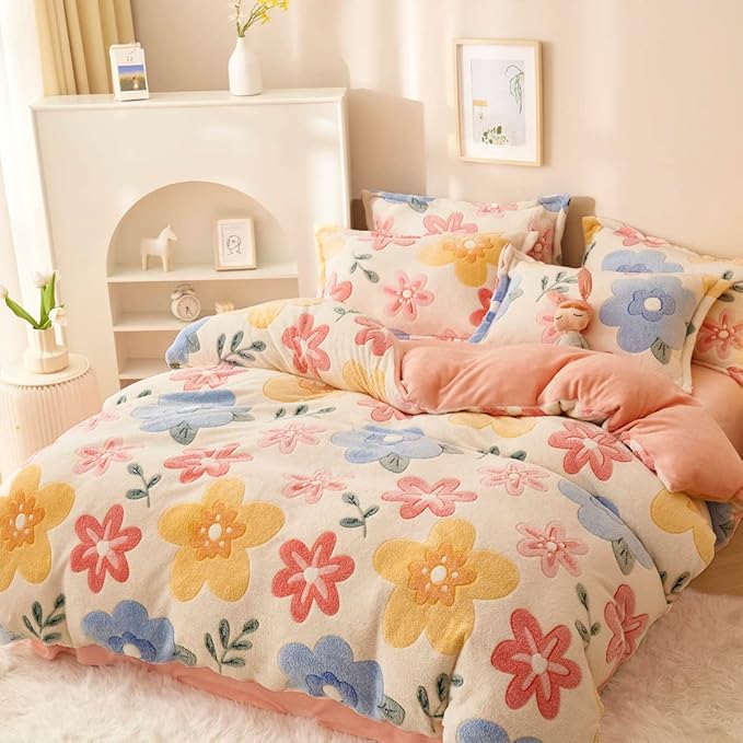 Pink Duvet Cover Queen Size, Fluffy Comforter Cover Set, Kawaii Bunny Bedding Sets for Girl Ultra Soft Cute Floral Bed Set for Kids (Flower, Queen)