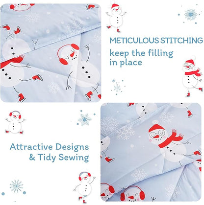 JSD Blue Snowman Kids Comforter Set Twin Size, 2 PC Christmas Winter Printed Microfiber Bedding Set