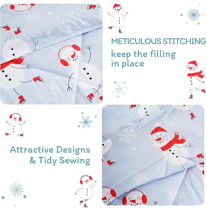JSD Blue Snowman Kids Comforter Set Full Size, 3 PC Christmas Winter Printed Microfiber Bedding Set for Boys Girls Teens
