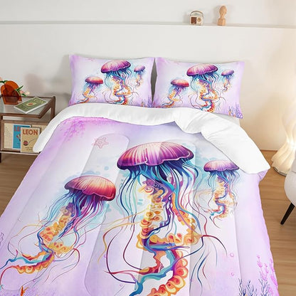HOSIMA Pink Jellyfish Comforter Set Full Size for Adults Kids,Marine Life Theme Bedding Set,The Underwater World Watercolor Tie Dye Bedding Room Decor for Girls with 2 Pillowcases.