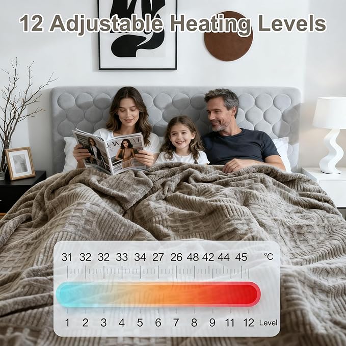 Heated Blanket King Size, 90“x100 Electric Blanket Heating Waffle with Dual Controllers, Fast Heating with 12 Heat Levels & 12 Hours Auto Off, with ETL & FCC for Bed(Light Gray)