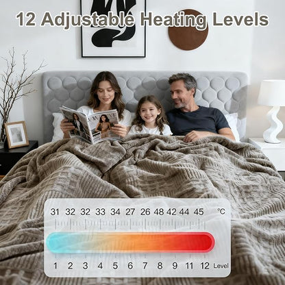 Heated Blanket King Size, 90“x100 Electric Blanket Heating Waffle with Dual Controllers, Fast Heating with 12 Heat Levels & 12 Hours Auto Off, with ETL & FCC for Bed(Light Gray)