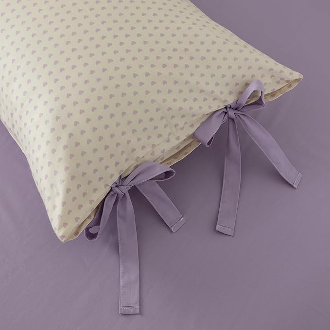 AOJIM Aesthetic Purple Duvet Cover Set for Kids Adults, Pure Cotton Bedding Comforter Cover with Heart Motif, 1 Twin Duvet Cover 68x86 and 2 Pillowcases 20x26 with Bow Ties for Room Decor, No Quilt
