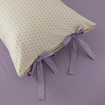 AOJIM Aesthetic Purple Duvet Cover Set for Kids Adults, Pure Cotton Bedding Comforter Cover with Heart Motif, 1 Twin Duvet Cover 68x86 and 2 Pillowcases 20x26 with Bow Ties for Room Decor, No Quilt