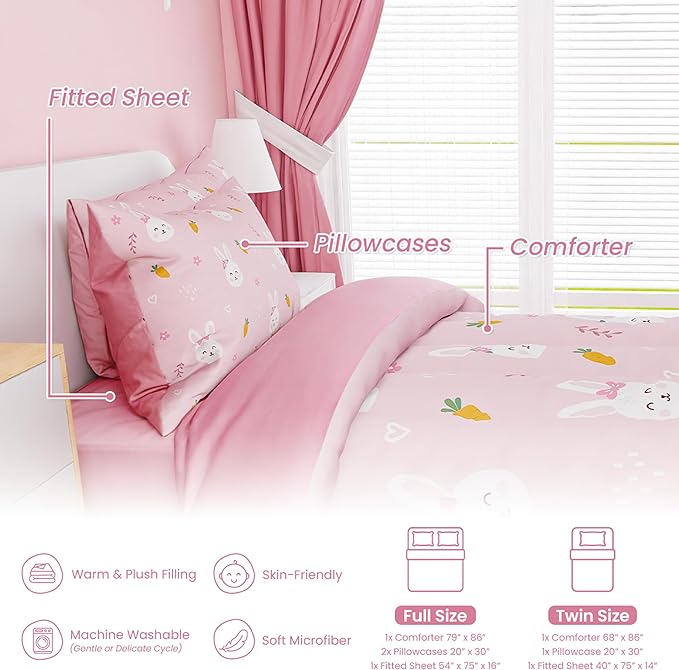 SANDJEST Rabbit Comforter Set Twin Size 68x86in for Kids Girls, Microfiber 3 Pcs Bedding Set Includes 1 Comforter, 1 Pillowcase, 1 Fitted Sheet, Nursery Room Decor