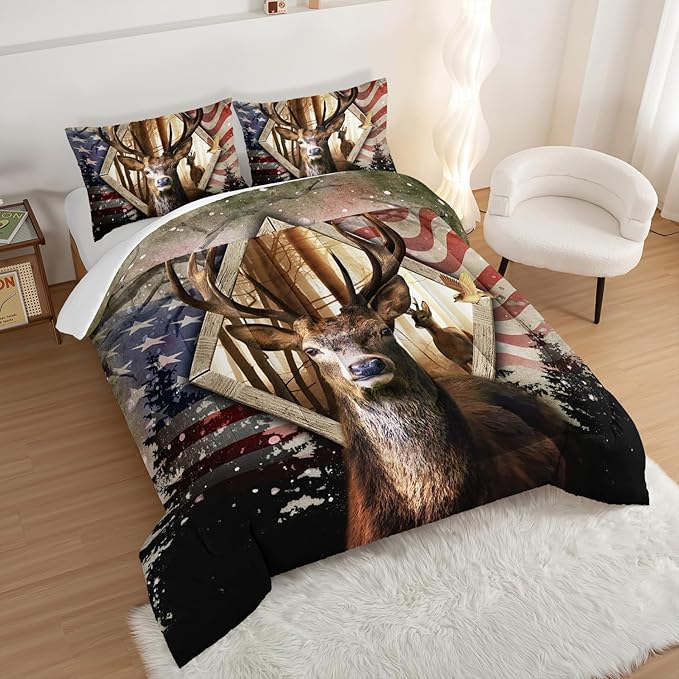 HOSIMA Hunting Bedding Sets 3Pcs Deer Comforter with 2 Pillowcases,Western Farmhouse Animal Hunting Stars Stripes USA Flag Queen Comforter Set for Teen Boys Mens Bedroom Essentials RV Inside Decor.