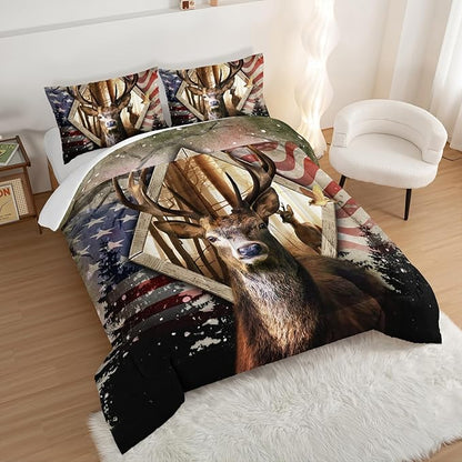 HOSIMA Hunting Bedding Sets 3Pcs Deer Comforter with 2 Pillowcases,Western Farmhouse Animal Hunting Stars Stripes USA Flag Queen Comforter Set for Teen Boys Mens Bedroom Essentials RV Inside Decor.