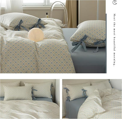 AOJIM Kids Adults Plaid Design Duvet Cover Set, 100% Cotton Soft Bedding Comforter Cover Set with Blue Floral Pattern, 1 Twin Quilt Cover 68x86'' and 2 Pillowcases 20x26'' with Bowknot for Room Decor