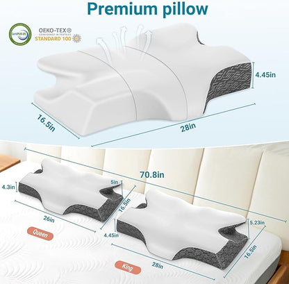 Elviros Cervical Neck Pillow for Sleeping, Memory Foam Pillow for Neck Pain Relief, Side Sleeper Cooling Pillows for Adults, Neck Support with Removable Pillowcase for Back & Stomach Sleepers