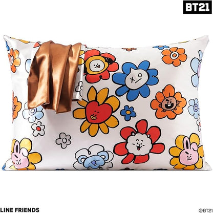 Kitsch x BT21 Satin Pillowcase with Zipper – Better Than Silk Pillowcase, Shooky Character & Funky Floral Print – Soft Cooling Toddler Bed Time Pillow Case for Hair & Skin – Queen/Standard 19x26