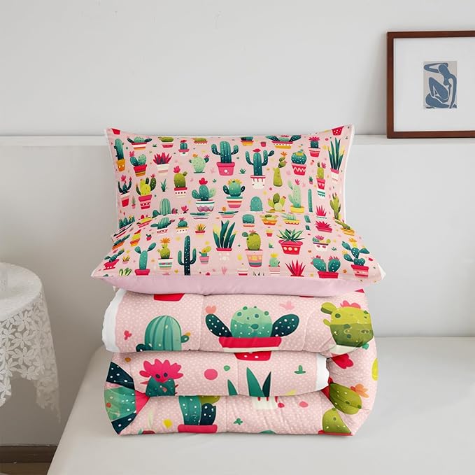 Cute Cactus Bedding Set Queen Size Cartoon Style Botanical Comforter for Child Teens Bohemia Western Exotic Down Comforter Desert Plant Duvet Insert with 2 Pillowcases