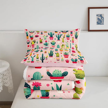 Cute Cactus Bedding Set Queen Size Cartoon Style Botanical Comforter for Child Teens Bohemia Western Exotic Down Comforter Desert Plant Duvet Insert with 2 Pillowcases