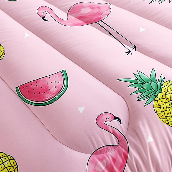Flamingo Watermelon Comforter Set Queen Size Tropical Flamingo Pineapple Bedding Set Cool Summer Quilted Duvet for Kids Girls Boys Adult with 1 Comforter and 2 Pillowcases