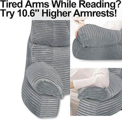 RRPAHWTV Reading Pillow for Bed with High Arm Rests,Back Support Pillow for Sitting Up in Bed with Shredded Memory Foam for Reading, TV, Gaming or Relaxing on Floor（Smoke Gray, Large）