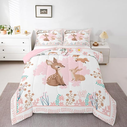 jejeloiu Cute Sika Deer Bedding Set Queen Size Pink Flower Comforter Set for Kids Boys Girls Fairytale Theme Duvet Set Kawaii Owl Quilt Set 3Pcs