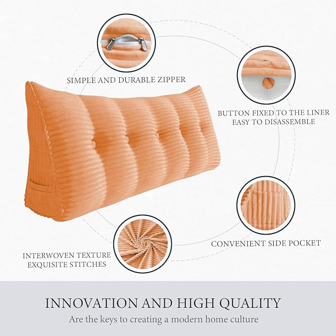 Wedge Headboard Pillow Dorm Room Reading Pillow Back Support for Sitting Up in Bed Bolster Lumbar Cushion Body Positioning Bedrest Corduroy (Peachy, Twin (39 * 8 * 20in))