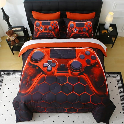 Wajade Game Console Comforter Set for Boys 7 Piece Orange 3D Gaming Geometric Bedding Sets for Kids Queen Size as Birthday with Comforter, Sheet Set, Pillowcase and Sham