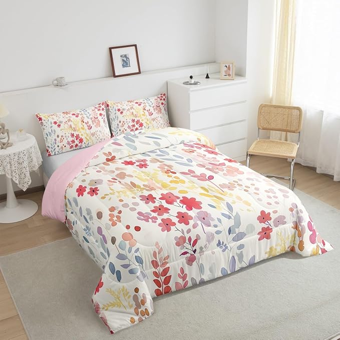 Erosebridal Cute Red Floral Comforter Set Full Size,Boho Colorful Flower Bedding Set for Kids Girls Bedroom Decor,Watercolor Wild Flowers Quilt Bed Set Rustic Wildflower Bed Comforter Set 3Pcs