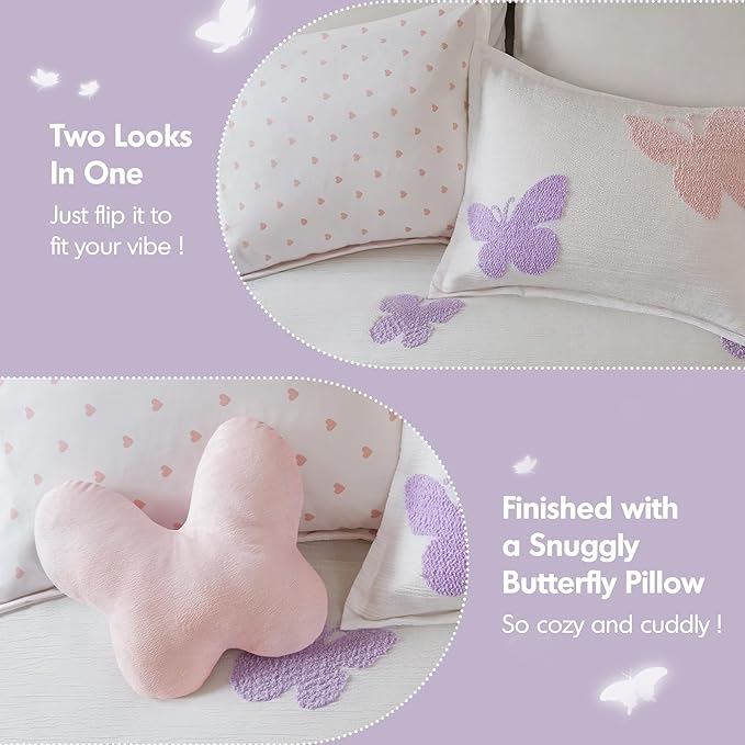 Intelligent Design Kids Rio Full/Queen Comforter Set – Girls’ Reversible Tufted Chenille Bedding with Pastel Purple Butterflies and Pink Dot, 4pcs
