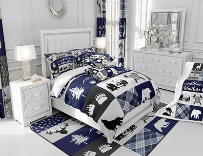 Bear Print Bedding Set King Size for Teens,Deer Antler Animals Hunting Adventure Comforter Cover with 2 Pillowcases,Pine Arrow Blue Check Plaid Vintage Duvet Cover Set Microfiber Quilt Cover
