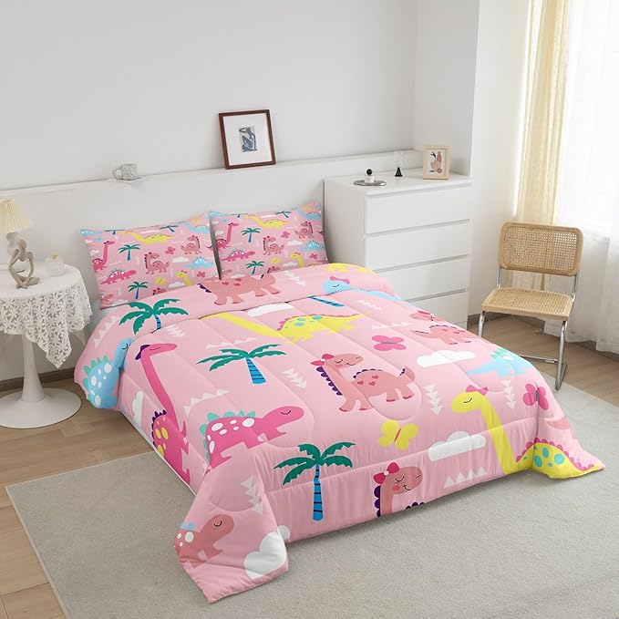 Lovely Dinosaur Kids Comforter Set Twin Size,Cartoon Dino Kawaii Wild Animal Reversible Bedding Sets for Teens Bedroom Decor,Colorful Cute Butterflies Pink Quilted Duvet,1 Pillowcase