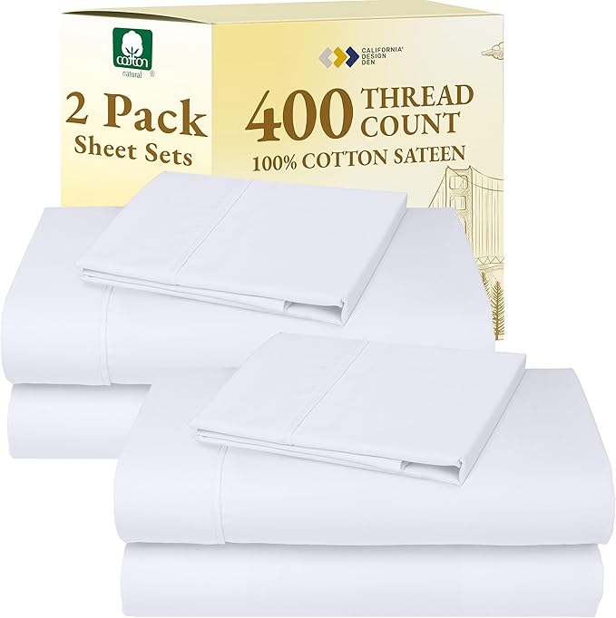 California Design Den 2-Pack Twin XL Sheet Sets Cotton - 400 Thread Count 100% Cotton Sateen - Soft, Breathable Sheets, 2 Sets of Deep Pocket Bed Sheets - Bright White