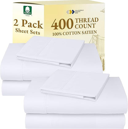 California Design Den 2-Pack Twin XL Sheet Sets Cotton - 400 Thread Count 100% Cotton Sateen - Soft, Breathable Sheets, 2 Sets of Deep Pocket Bed Sheets - Bright White