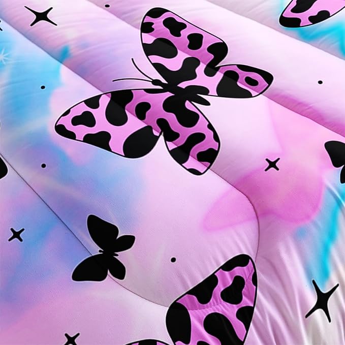 Beautiful Butterfly Comforter Set Queen Size,Spotted Butterfly Printed Bedding Set for Kids Girls Women Room Decor,Rainbow Aesthetic Toddler Bedding Sets for Girls with 2 Pillowcases.