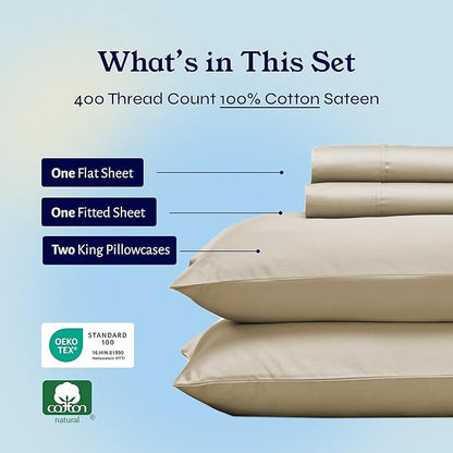 California Design Den California King Sheet Sets - Soft 400 Thread Count Sateen, 100% Cotton Bed Sheets with Deep Pockets, Breathable, and Durable Bedding Set - Beige (Golden Tone)