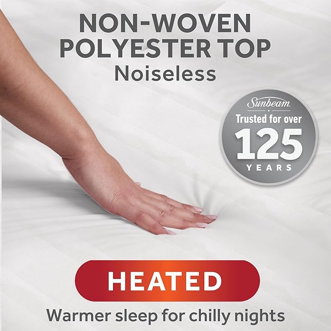 Sunbeam Electric Heated Mattress Pad King 80" x 76" 12 Heat Settings 12-Hour Auto Shut-Off Fast Heating Soft Cozy Fabric Deep Pocket Skirt Machine Washable