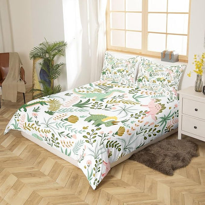 Castle Fairy Cute Dino Kids Duvet Cover Queen Size,Kawaii Pink Green Dinosaur Duvet Cover Set for Children Adult,Cartoon Wildlife Floral Leaves Plant Soft Comforter Cover for Dorm Room, Zipper, Ties