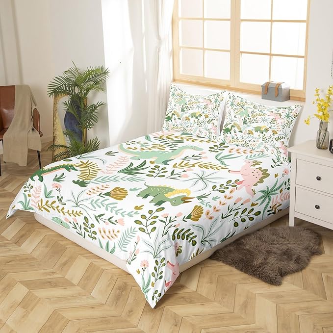 Cute Dino Kids Bedding Set Twin Size,Kawaii Pink Green Dinosaur Comforter Cover Set for Kids Girls,Cartoon Wildlife Floral Leaves Plant Bedding Quilt Cover Set Bedroom Decor, 2 Pcs