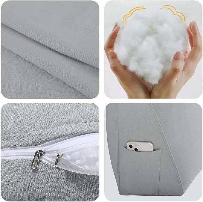 Johnear Triangular Headboard Pillow Daybed Wedge Pillow Cotton Linen Large Bolster Reading Back Rest Pillow for Sofa Bed Support Bolster Upholstered Backrest Positioning Lumbar Cushion（Gray, Full）