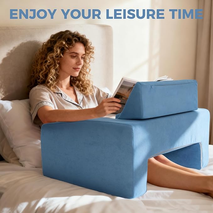 Reading Pillow for Gaming Lap Desk Pillow for Laptop with Pocket Foldable Memory Foam Bed Desk for Reading Working Crocheting Gaming Arm Rest on Bed/Sofa/Floor/Couch/Car (Blue Foldable)