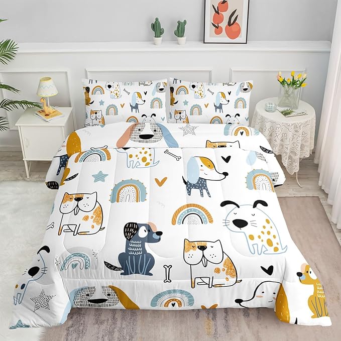 Cartoon Dog Comforter Set Rainbow Bones Printed Bedding Set with 1 Comforter and 2 Pillowcases for Boys and Girls Bedroom All Season(Dog Twin)