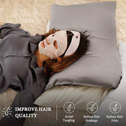 BHZ Grey Satin Goose Down Feather Pillows King Size with Satin Pillowcase for Hair and Skin, Cooling Pillow Cases Similar to Silk Pillow Cases, Decorative for Women, Mom Men