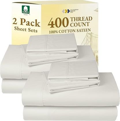 California Design Den 2-Pack 100% Cotton Sheet Sets King Size 400 Thread Count Sateen - Soft and Breathable Sheets, 2 Sets of Deep Pocket Bed Sheets - Ivory (Pale Tone)