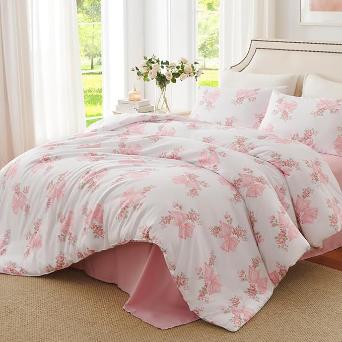 Pink Bow Duvet Cover King 3Pcs Pink Floral Bedding Set for Girls Kids,Cute Princess Style Bowknot Bedding,Ultra Soft Garden Flower Bedding with 2 Pillowcases(No Comforter)