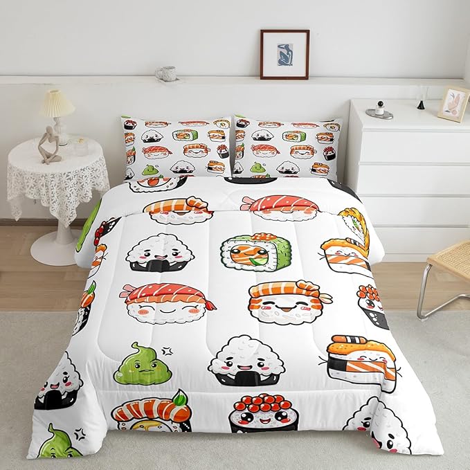 Feelyou Sushi Pattern Comforter Set Japanese-Style Bedding Set for Kids Boys Girls Teens Food Theme Comforter Cute Cartoon Japanese Sushi Duvet Set Room Decor Quilt Set King Size Microfiber
