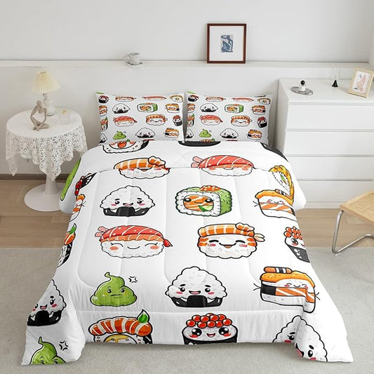 Feelyou Sushi Pattern Comforter Set Japanese-Style Bedding Set for Kids Boys Girls Teens Food Theme Comforter Cute Cartoon Japanese Sushi Duvet Set Room Decor Quilt Set Queen Size Microfiber