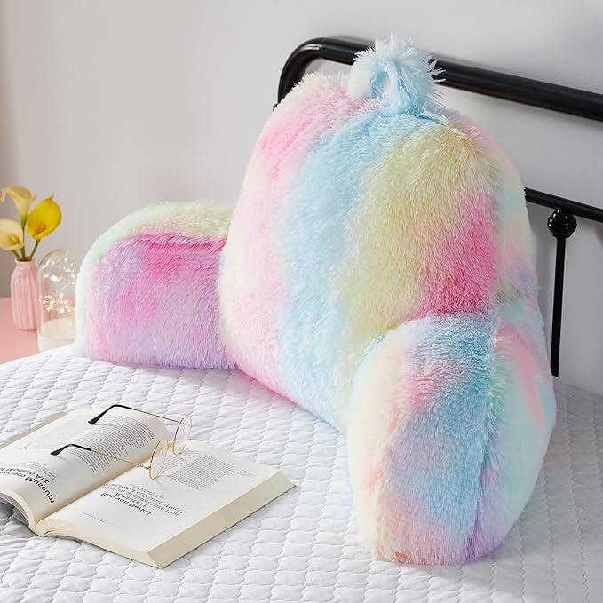 Reading Pillow for Bed - Faux Fur Backrest Pillow with Arms, Reading & Bed Rest Pillows Rainbow Colors, Fluffy Sit Up Pillow, Study Pillow for Kid, Tween, Teens & Adult Girls