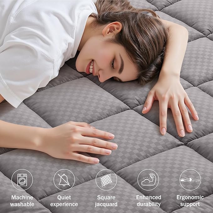 OLANLY Twin XL Quilted Fitted Mattress Pad – Soft Down Alternative Pillow Top Mattress Topper, Cooling Comfort Breathable Mattress Cover, Machine Washable Deep Pocket Mattress Protector, Light Grey