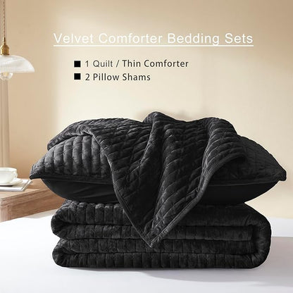 LEAONME Velvet Quilt California King Size 118''x106'', Lightweight Black Velvet Comforter Set with 2 Matching Shams, Soft Cross Stitch Bedspread Coverlet, Oversized King Bedding Set for All Season