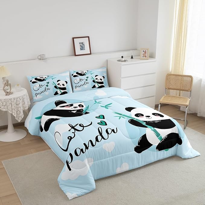 Feelyou Cute Panda Bedding Set Cartoon Panda Comforter Set for Kids Boys Girls Animal Theme Comforter Kawaii Animal Quilt Set Blue 1 Comforter Set with 2 Pillowcases Queen Size