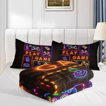Kids Comforter Set Neon Gamepad Printed Pattern Bedding Set with 1 Comforter and 2 Pillowcases for Girls Boys Bedroom All Season(C-Neon Gamepad Full)