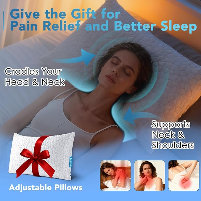 Cooling Adjustable Pillow for Hot Sleeper, Custom Loft Support with Breathable Shredded Memory Foam CertiPUR-US Certified Standard Size Bed Pillow for Side, Back, Stomach Sleeper Gift for Better Sleep