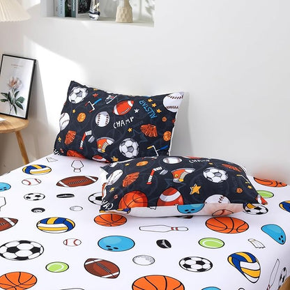A Nice Night Boys Rugby Balls Comforter Set 6-Piece Bed-in-a-Bag with Sheet Set, Twin Size Polyester Bedding Collections for Kids, Durable & Easy Care, Sports Theme Design for Boys Bedroom