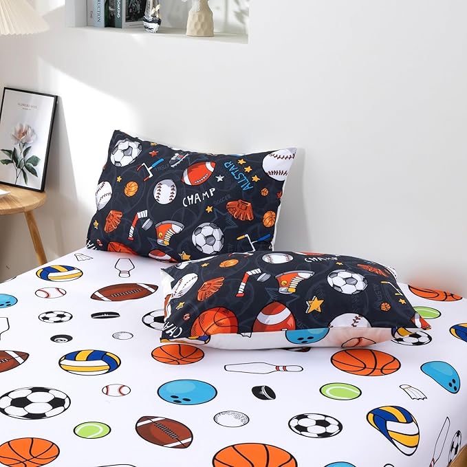 A Nice Night 6Pcs Bed in A Bag Full Sports Microfiber Modern Comforter Set,Gray Rugby Ball Printed Bedding Collections,for Boys Kids Teen