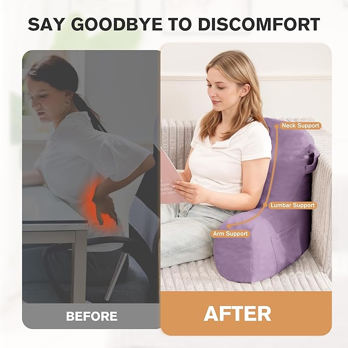 Portable Comfy Reading Pillows for Bed Sitting Up(Lavender Purple Oeko-Tex), Velvet Back Pillow with Arms & Pockets for Adults, Support Memory Foam Bed Pillow for Dorm/Reading/Watching/Gaming
